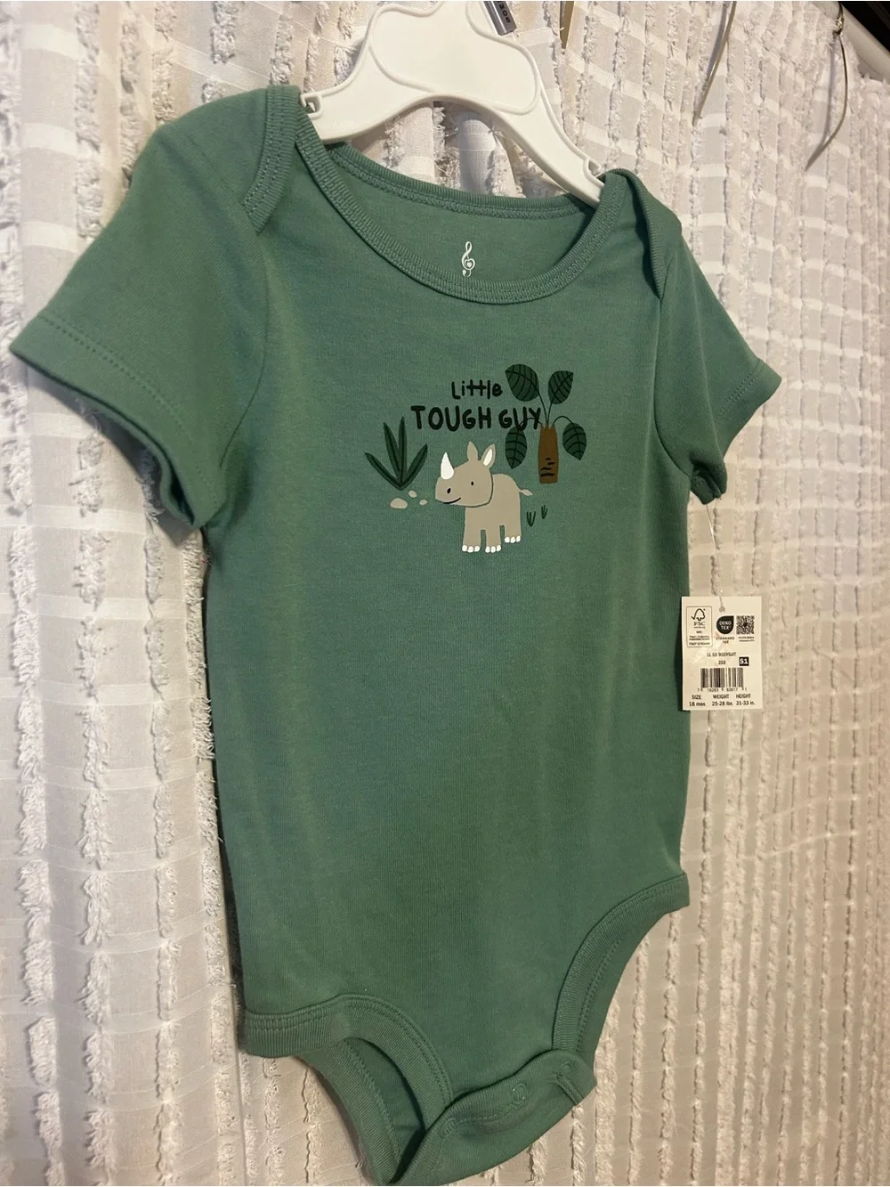 Lullaby Lane Little Tough Guy Rhino Bodysuit Sage Green 18M NWT